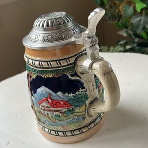 Vintage German Ceramic Beer Stein with hinged Pewter Lid
